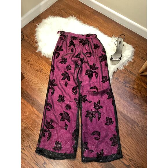 ZION NY Purple Black Metallic Floral Evening Wide 90s High Waist Pants S 27w Hot - Picture 14 of 14